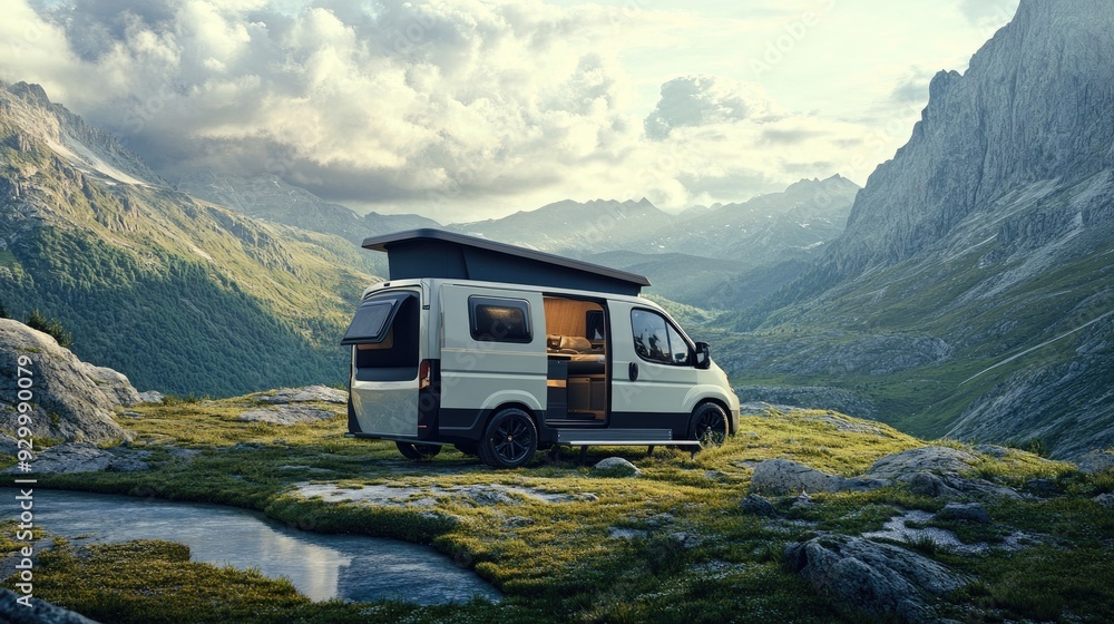 A modern camper van sits ready for a family journey, equipped with comfort and style, and parked amidst breathtaking natural scenery. A modern camper van sits ready for a family journey, equipped with comfort and style, and parked amidst breathtaking natural scenery.