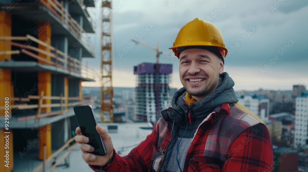 Obraz premium A smiling construction worker wearing a yellow hard hat and plaid shirt, holding a smartphone on a construction site with a cityscape in the background.