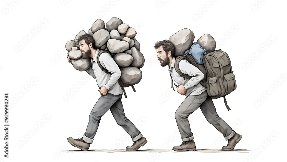 Illustration of a Man Carrying a Heavy Backpack Filled with Rocks, Symbolizing the Burden of Unspoken Emotional Struggles and Stress, with Copy Space on a White Background Illustration of a Man Carrying a Heavy Backpack Filled with Rocks, Symbolizing the Burden of Unspoken Emotional Struggles and Stress, with Copy Space on a White Background