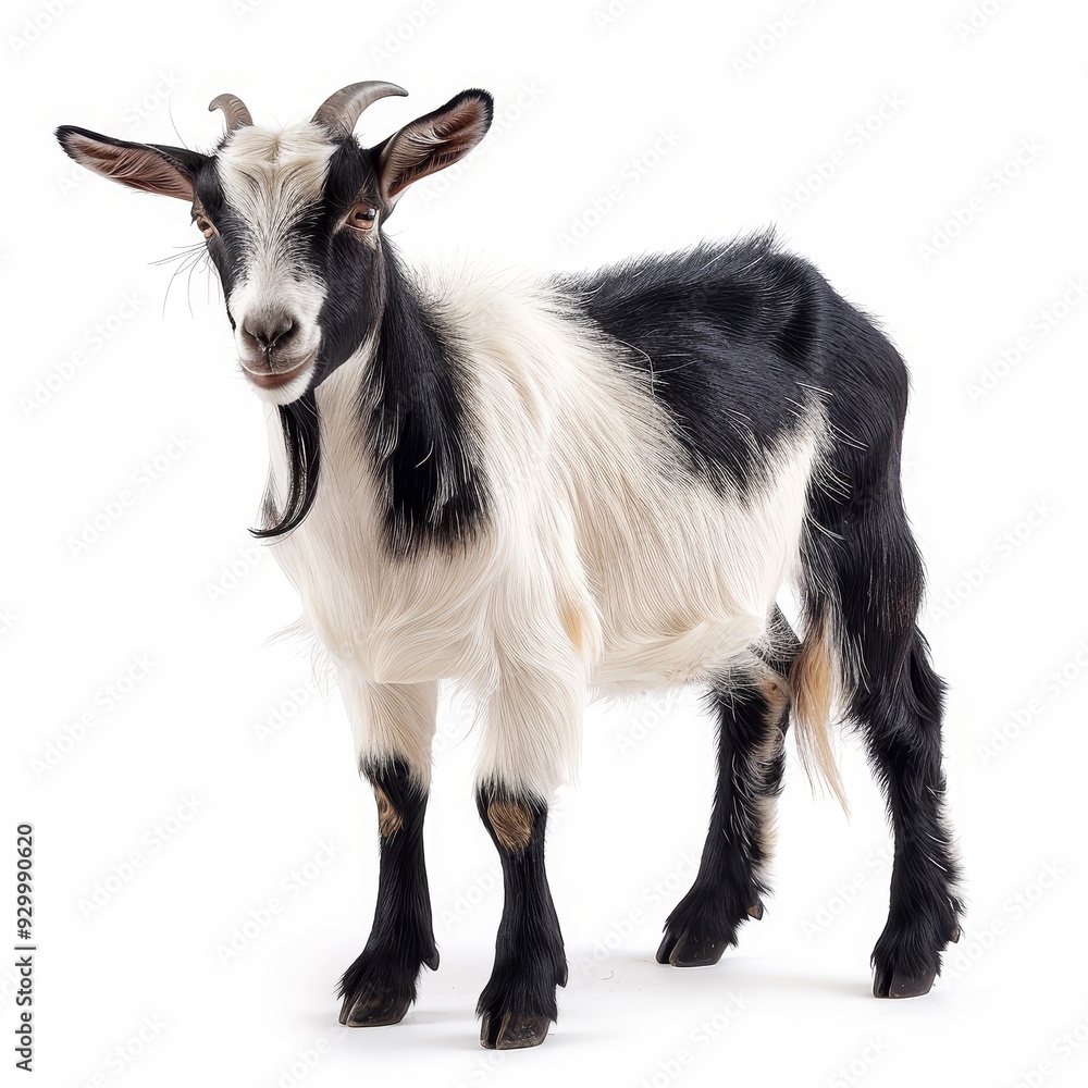 Fototapeta premium A goat is standing on a white background. The goat is black and white.