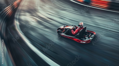 A go-kart racer in red speeds through a wet track, the motion blur intensifying the sense of speed and excitement.