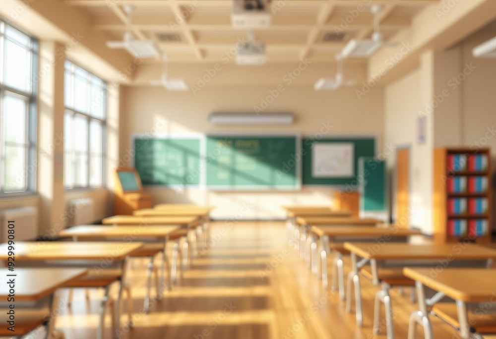 A classroom filled with tables and chairs, featuring wooden furniture and bright windows, designed with a simple interior and light decor A classroom filled with tables and chairs, featuring wooden furniture and bright windows, designed with a simple interior and light decor