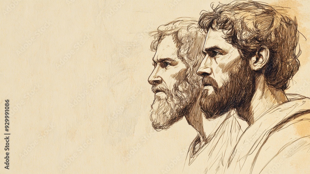 Fototapeta premium Biblical Illustration of Job’s Final Appeal - Job with Determined Expression Declaring His Innocence and Demanding Justice from God, Facing His Friends, Beige Background