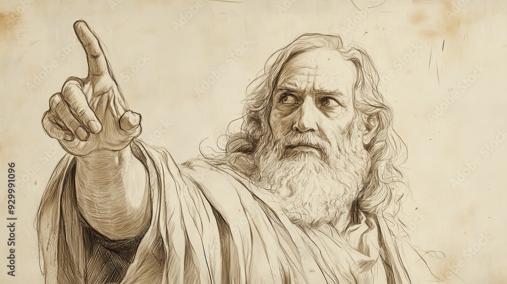 Fototapeta premium Biblical Illustration of Bildad Speaking on Purity - Bildad Raising His Hand, Emphasizing the Importance of Righteousness in God’s Eyes, Beige Background