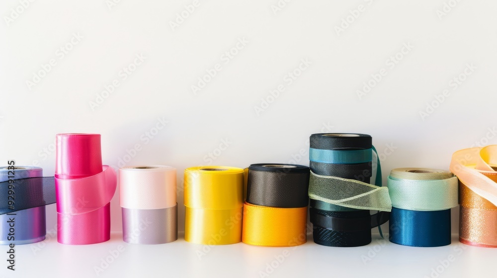 A colorful array of various ribbons neatly lined up against a white background, showcasing their textures, patterns, and vibrant colors. A colorful array of various ribbons neatly lined up against a white background, showcasing their textures, patterns, and vibrant colors.