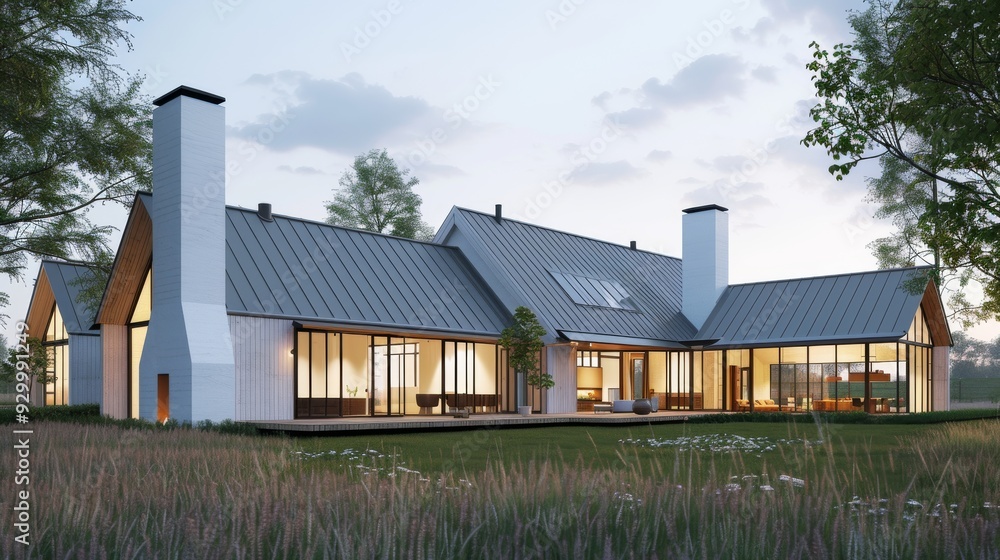 Obraz premium A modern, countryside house with a sleek design sits gracefully at twilight, blending contemporary architecture with natural surroundings.