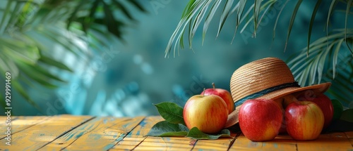 Beautiful background with palm leaves apples and b  049 fruit, apple, food, red, fresh, healthy, ripe, apples, table, autumn, organic, sweet, isolated, diet, wood, delicious, basket, christmas, freshn photo