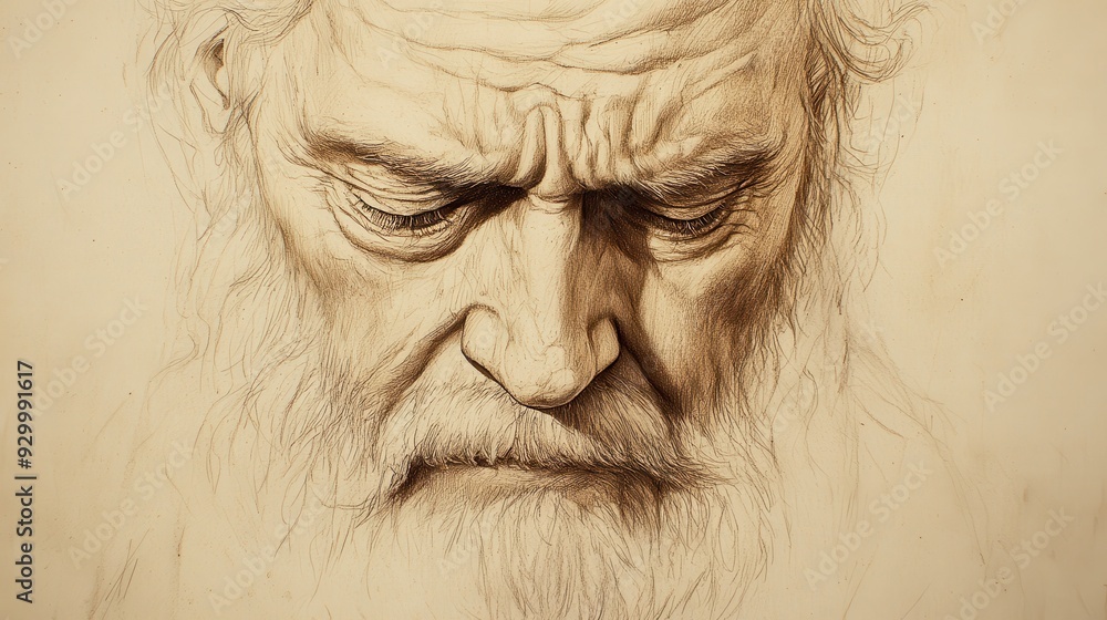 Biblical Illustration of Job’s Final Discourse - Job with Tears in His Eyes, Lamenting the Loss of His Former Prosperity and Respect, Beige Background Biblical Illustration of Job’s Final Discourse - Job with Tears in His Eyes, Lamenting the Loss of His Former Prosperity and Respect, Beige Background