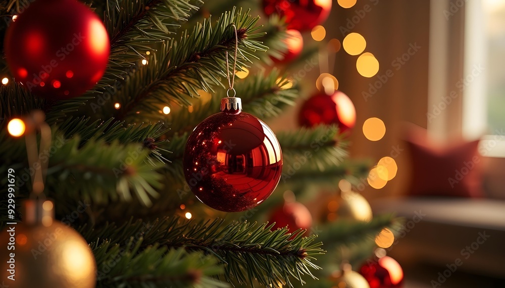 Close-up of a Christmas ornament on the tree with a bokeh effect created by festive lights, providing space for Christmas wishes and messages Close-up of a Christmas ornament on the tree with a bokeh effect created by festive lights, providing space for Christmas wishes and messages