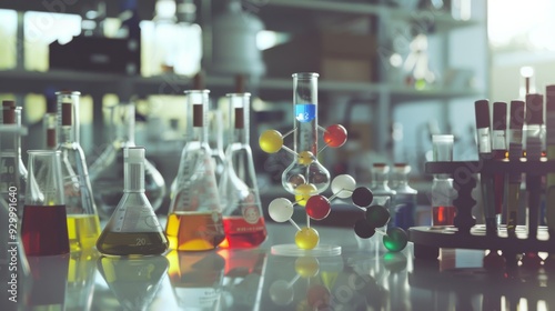 A colorful laboratory setup features various chemical flasks, test tubes, and a molecular model under the soft light of the lab.