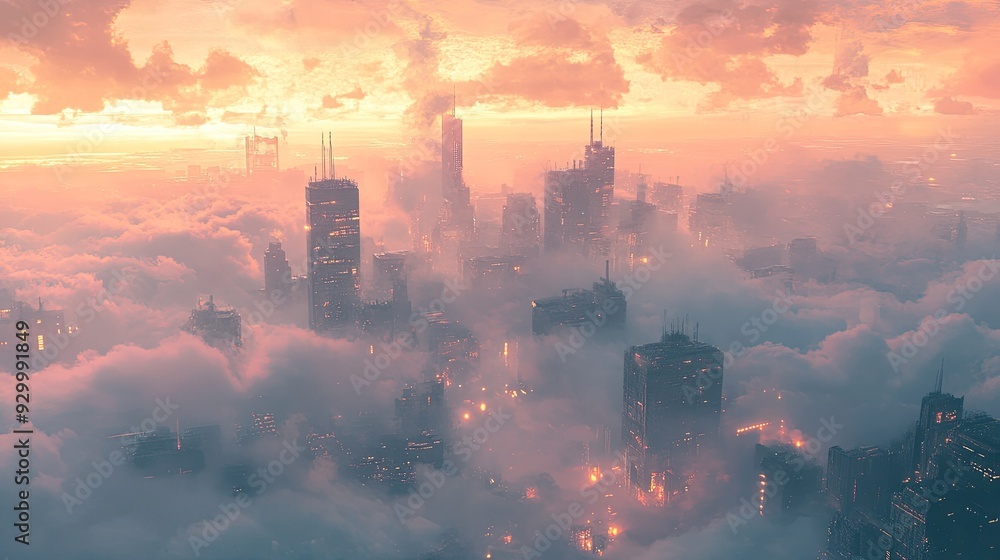 Fototapeta premium A serene, futuristic cityscape where tall buildings pierce through the clouds, bathed in the gentle colors of a pastel sky.