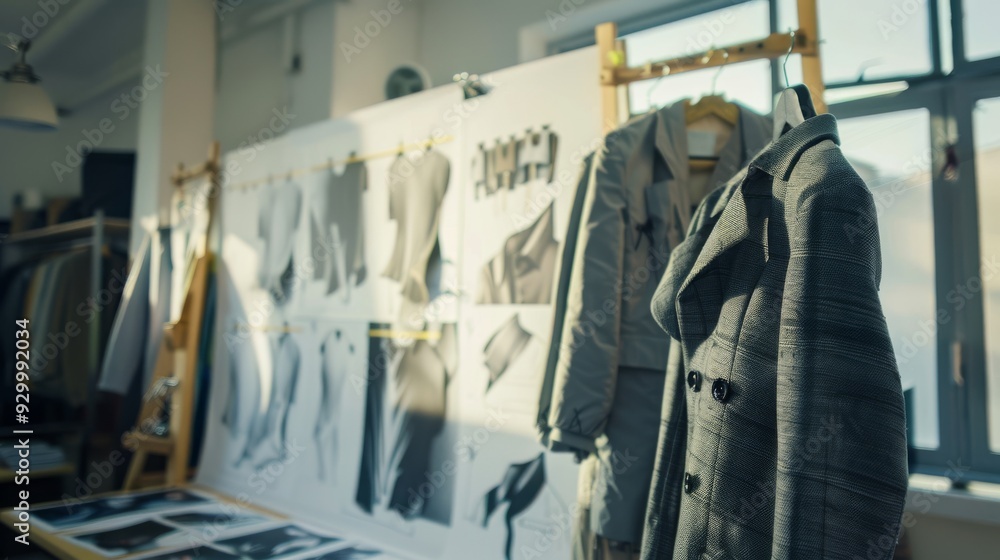 Fototapeta premium A fashion studio's creative corner featuring hanging coats and sketches pinned on boards, embodying a blend of inspiration and meticulous design processes.
