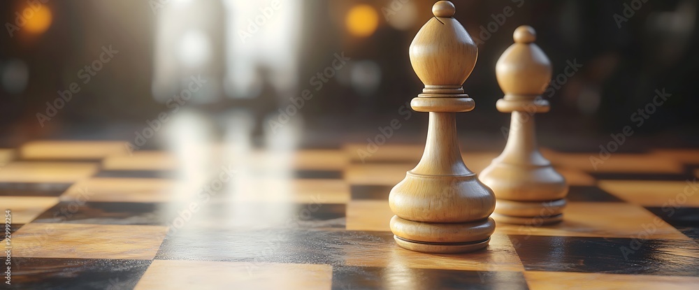 Two wooden chess pieces, a bishop and a pawn, on a wooden chessboard. Two wooden chess pieces, a bishop and a pawn, on a wooden chessboard.