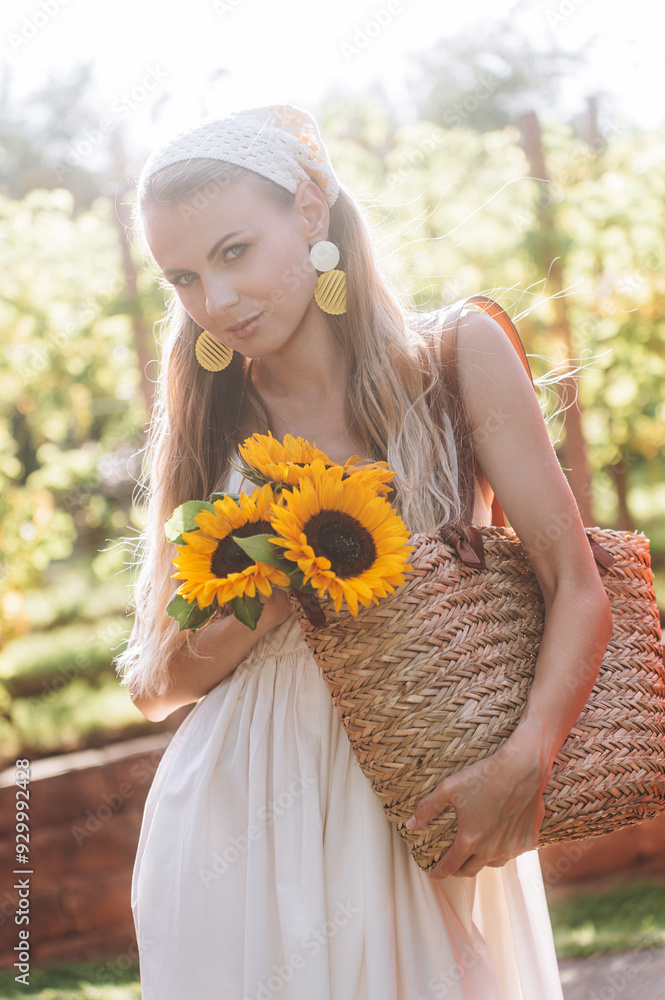 photo in Italian style with a sexy young woman in a light summer dress a peasant woman picking fruits