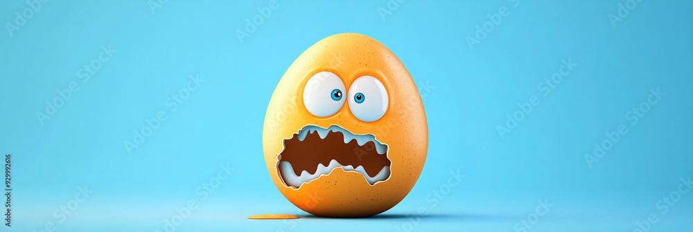 broken easter egg with a scared face in cartoon style isolated on blue background broken easter egg with a scared face in cartoon style isolated on blue background