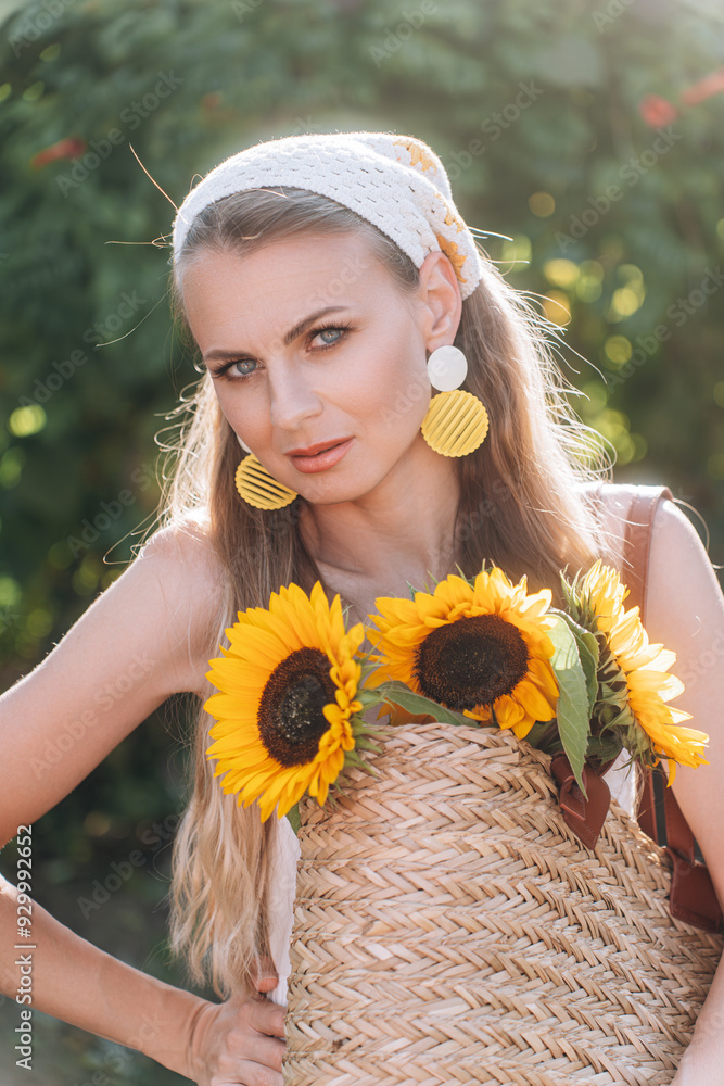 photo in Italian style with a sexy young woman in a light summer dress a peasant woman picking fruits