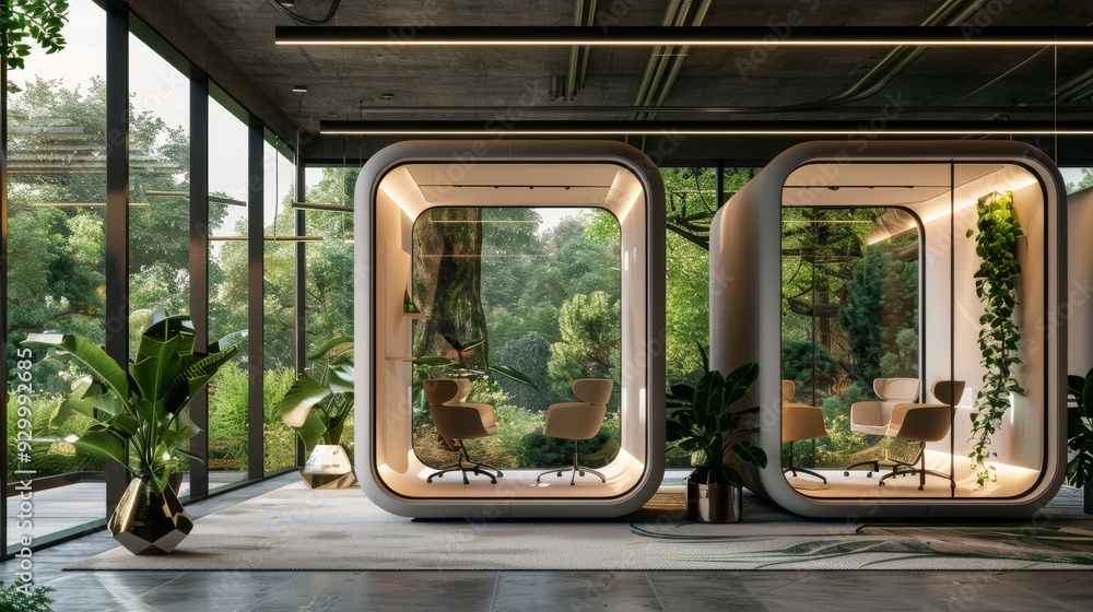 Modern office cubicles surrounded by lush plants, creating a calming work environment that integrates nature and productivity seamlessly. Modern office cubicles surrounded by lush plants, creating a calming work environment that integrates nature and productivity seamlessly.