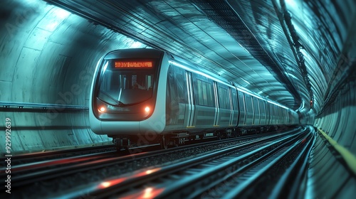 Commuter train emerging from a tunnel, seamlessly transitioning from underground transport to an urban station Commuter Tunnels Transport, Urban station link photo