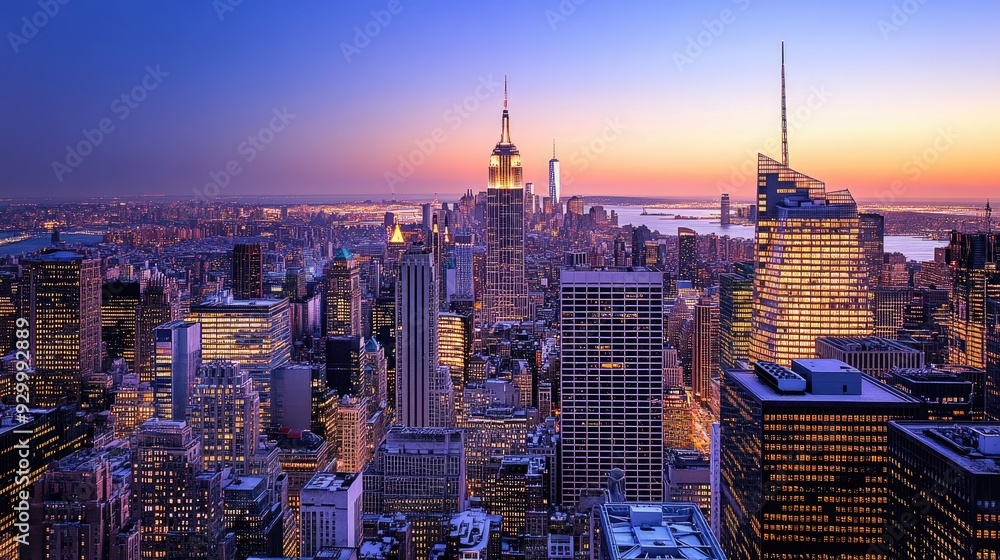 Obraz premium A stunning shot of New York City skyline at dusk, with famous landmarks and bright lights illuminating the evening sky.