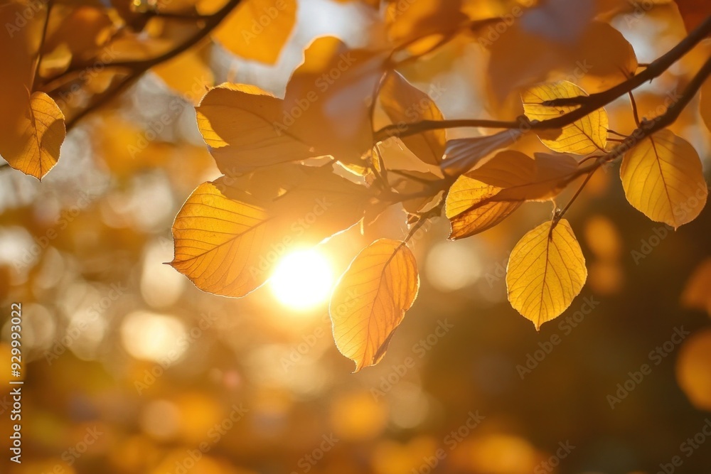Sun shining through golden leaves on branch in autumn Sun shining through golden leaves on branch in autumn
