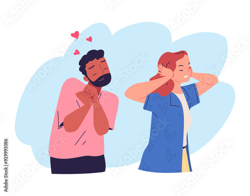 Annoying-husband. Annoyed angry wife covered ears with hands, couple lover relationship problem partner talk girlfriend ignore family disagreement unrequited love vector illustration