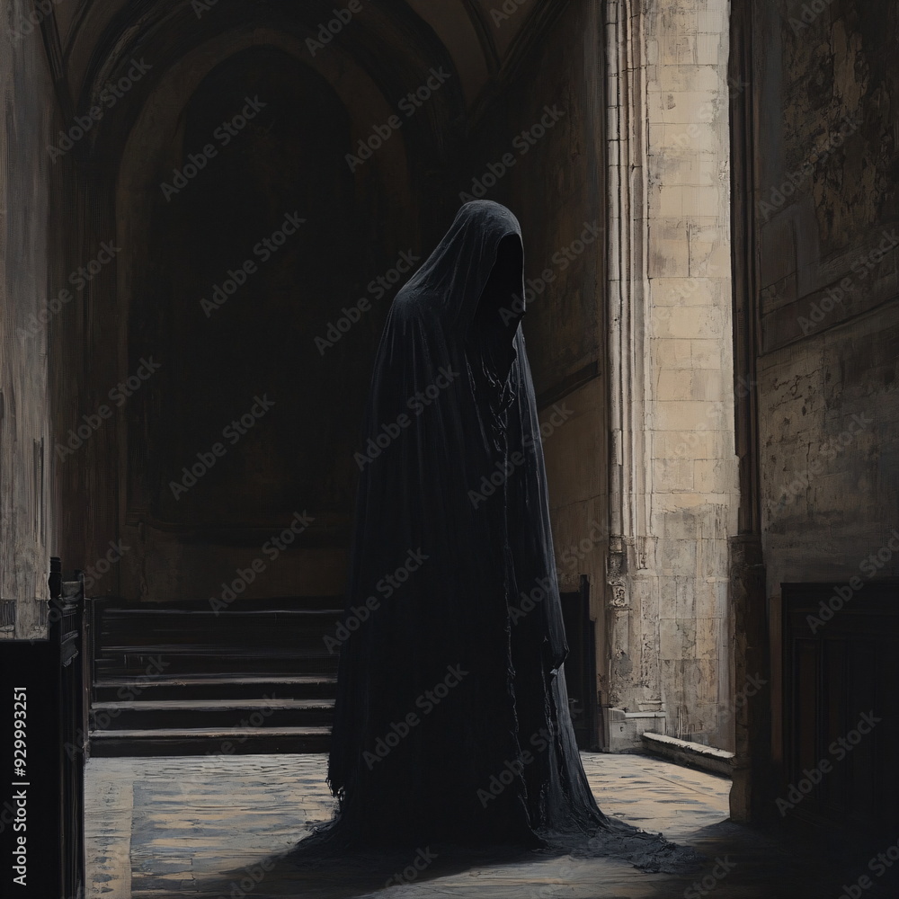 spooky figure with a cloak in a church
spooky figure with a cloak in a church