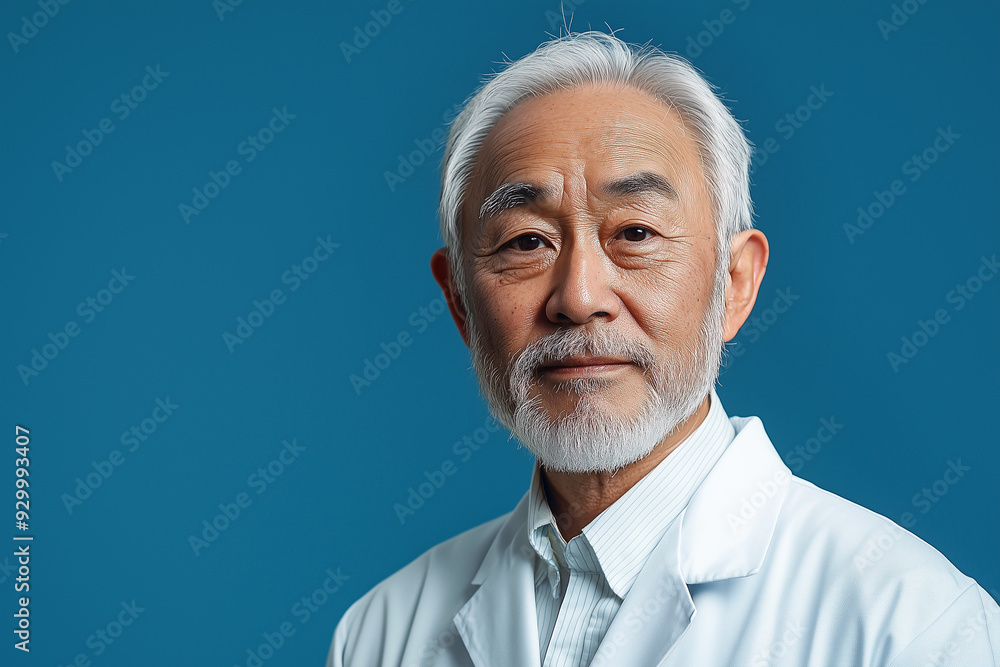Portrait of Asian elderly male doctor in glasses on blue background. Portrait of Asian elderly male doctor in glasses on blue background.
