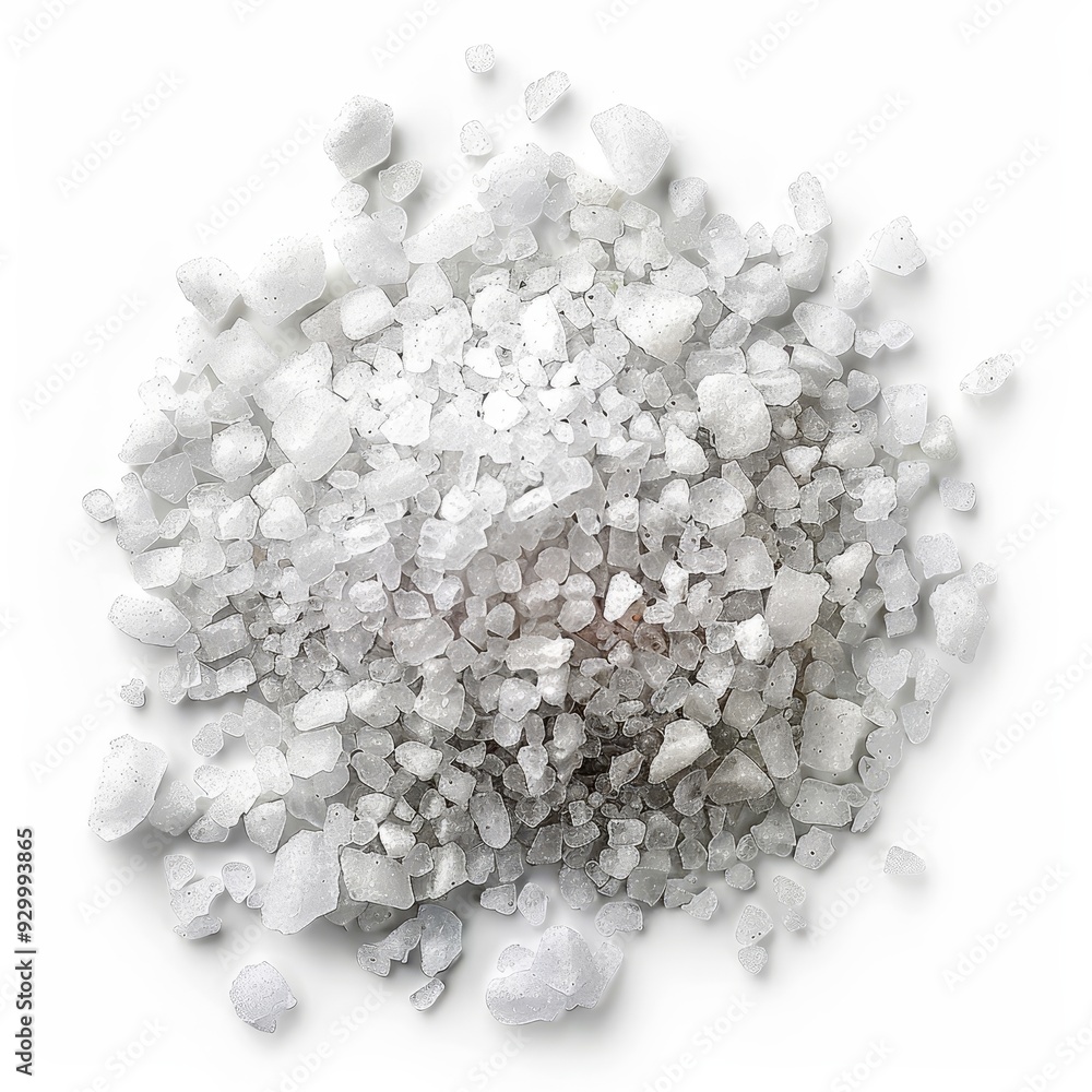 Close-up image of a pile of coarse sea salt on a white background, showcasing its texture and crystalline structure in detail. Close-up image of a pile of coarse sea salt on a white background, showcasing its texture and crystalline structure in detail.