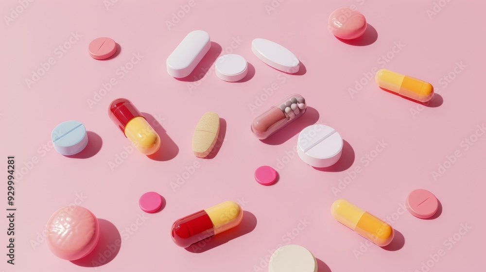 Various colorful pills and tablets spread across a light pink background, showing differences in size and form. Various colorful pills and tablets spread across a light pink background, showing differences in size and form.