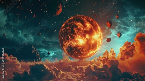 A fiery celestial body suspended in a cosmic landscape with dramatic light, clouds, and floating debris, evoking a scene of cosmic creation or destruction.