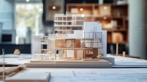 An architectural model on display, surrounded by blueprints, as designs transition from paper to reality in a creative workspace.