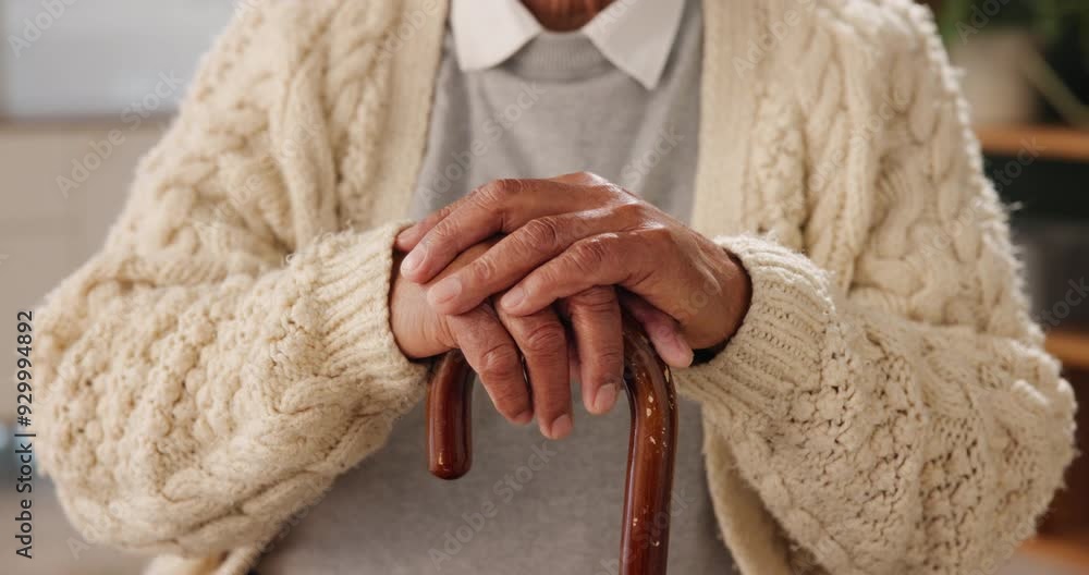 Hands, senior patient and walking stick in home for support, balance and recovery from injury in retirement. Elderly man, cane and rehabilitation from stroke, accident and person with disability Hands, senior patient and walking stick in home for support, balance and recovery from injury in retirement. Elderly man, cane and rehabilitation from stroke, accident and person with disability