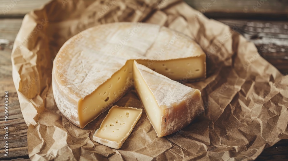 Fototapeta premium A round wheel of cheese with a portion cut out, resting on brown paper on a wooden surface, showcasing its rustic texture and appetizing appearance.