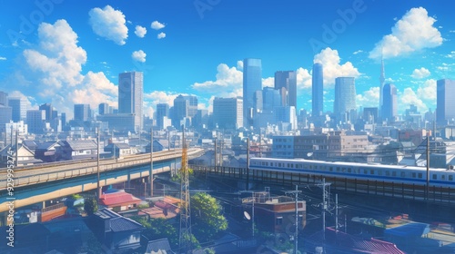 Wallpaper Mural A vibrant and futuristic anime-style cityscape with flying cars and towering skyscrapers. Perfect for science fiction or fantasy projects. Torontodigital.ca