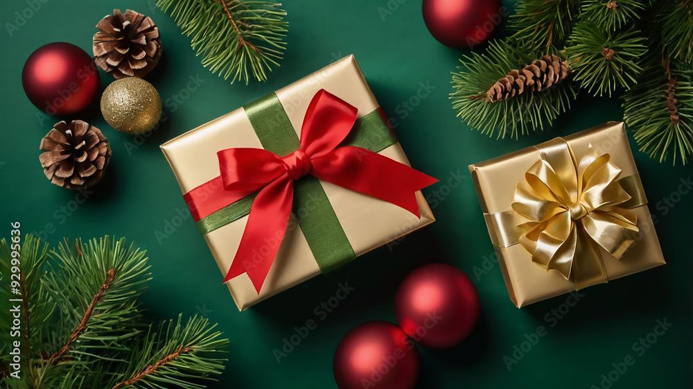 Christmas Day concept. Top view photo of present boxes with ribbon bows red green and gold baubles star ornaments pine cones mistletoe berries spruce branches in hoarfrost on isolated green background Christmas Day concept. Top view photo of present boxes with ribbon bows red green and gold baubles star ornaments pine cones mistletoe berries spruce branches in hoarfrost on isolated green background