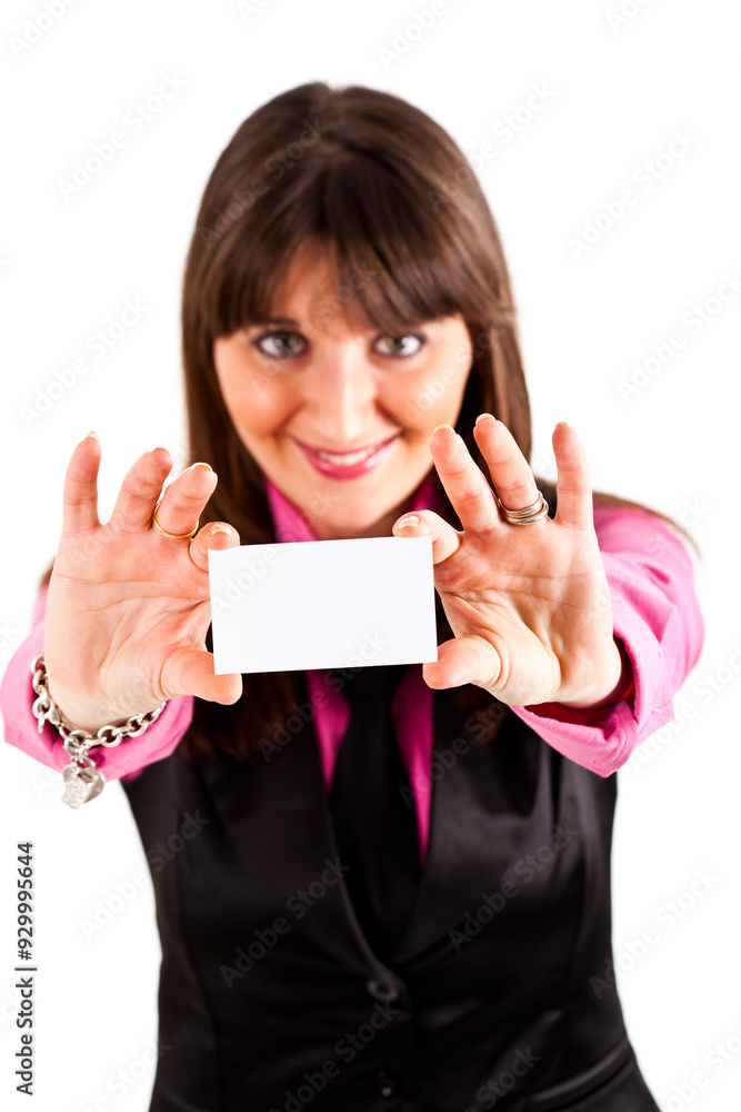 Friendly businesswoman presenting blank card Friendly businesswoman presenting blank card