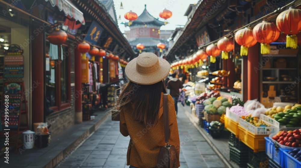 Fototapeta premium A woman strolling through a lively traditional market filled with food stalls, vibrant lanterns, and colorful goods, embracing cultural and sensory experiences.