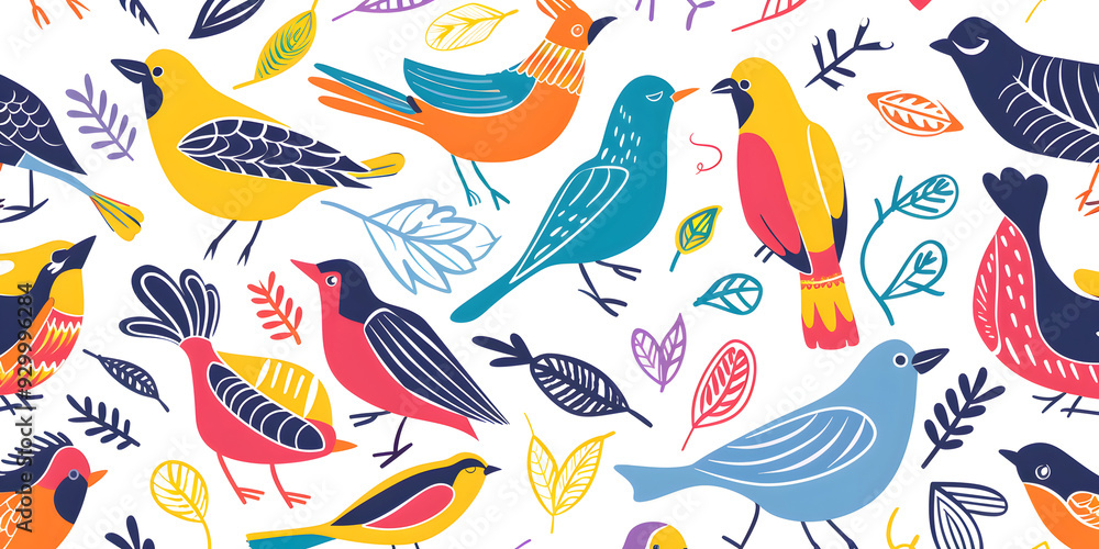 A lively pattern featuring colorful birds perched on branches with leaves A lively pattern featuring colorful birds perched on branches with leaves