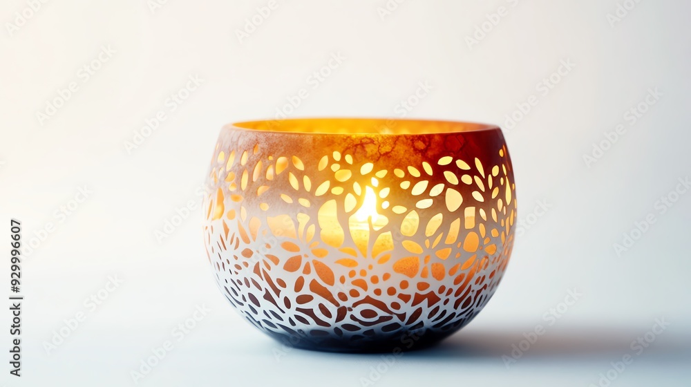 Ornate glass candle holder with a floral pattern, glowing with a warm candlelight. Ornate glass candle holder with a floral pattern, glowing with a warm candlelight.
