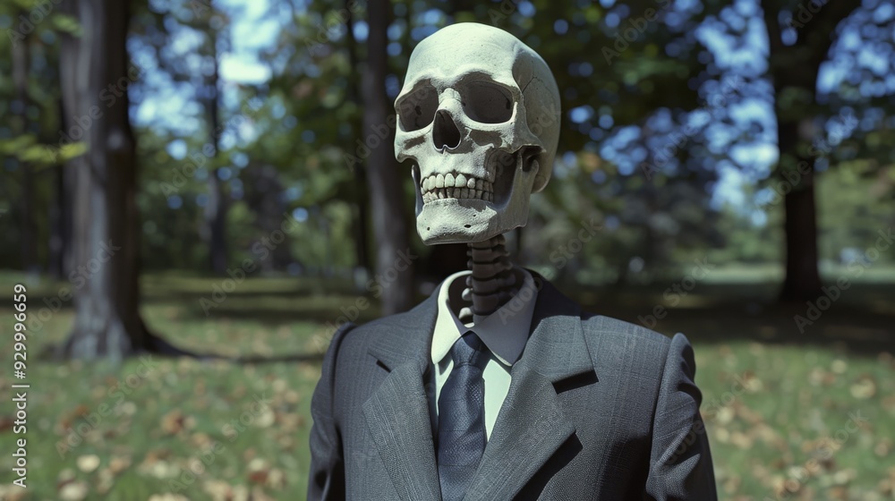 A skull neatly dressed in a suit stands in a park, juxtaposing life and death in stark contrast amidst the greenery. A skull neatly dressed in a suit stands in a park, juxtaposing life and death in stark contrast amidst the greenery.