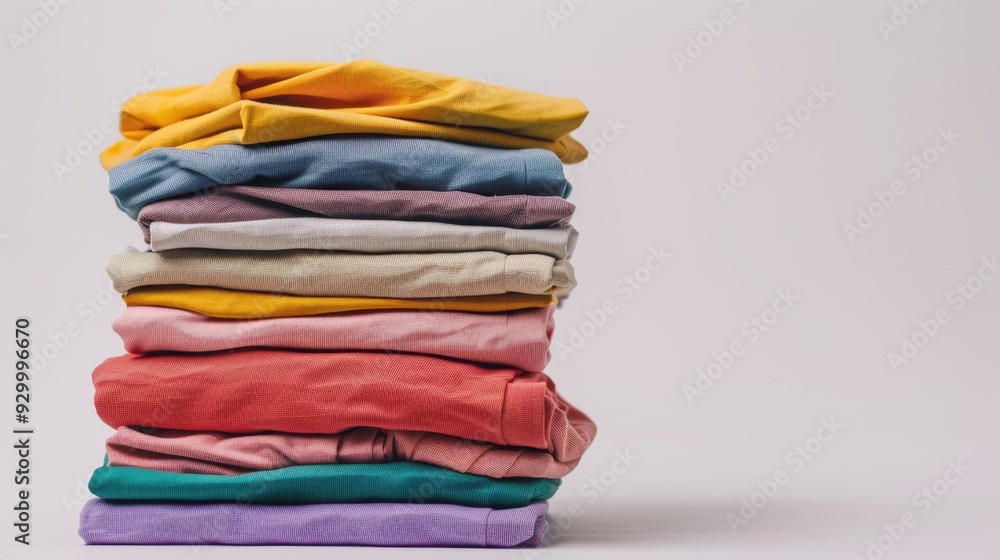 A tower of neatly folded, vibrantly colored clothes stacked against a neutral backdrop, showcasing orderliness and an array of hues. A tower of neatly folded, vibrantly colored clothes stacked against a neutral backdrop, showcasing orderliness and an array of hues.