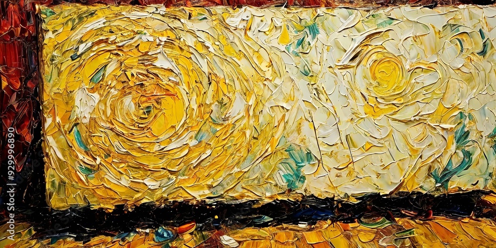 A painting of a yellow circle with blue and white swirls A painting of a yellow circle with blue and white swirls