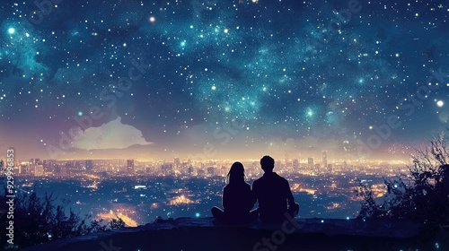 Silhouetted against the night sky, two figures sit together overlooking a glittering cityscape, surrounded by stars and distant lights.