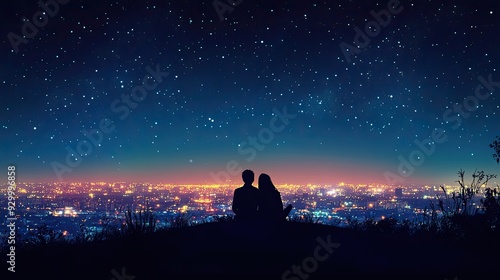 Silhouetted against the night sky, two figures sit together overlooking a glittering cityscape, surrounded by stars and distant lights.