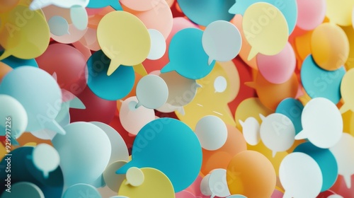 A colorful, abstract array of speech bubbles in various sizes overlapping each other against a vibrant background.