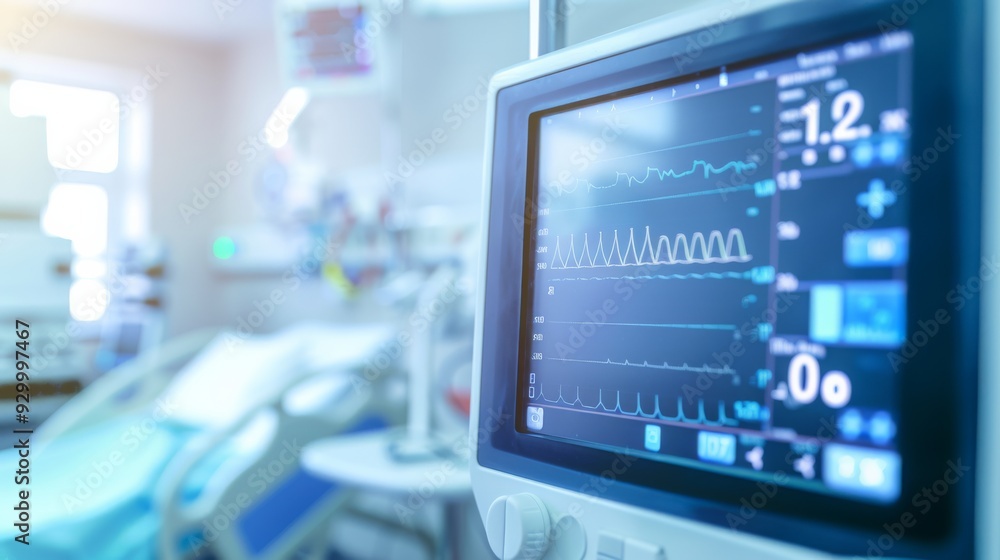 An empty hospital room with close-up of medical equipment displaying patient vital signs, suggesting a quiet, sterile, and high-tech medical environment. An empty hospital room with close-up of medical equipment displaying patient vital signs, suggesting a quiet, sterile, and high-tech medical environment.