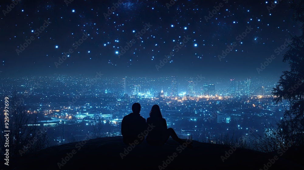 Two silhouetted figures sit at the edge of a hill, overlooking a vast cityscape illuminated by stars, reflecting on the beauty of the night. Two silhouetted figures sit at the edge of a hill, overlooking a vast cityscape illuminated by stars, reflecting on the beauty of the night.
