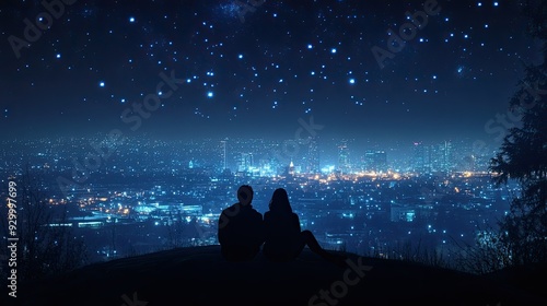 Two silhouetted figures sit at the edge of a hill, overlooking a vast cityscape illuminated by stars, reflecting on the beauty of the night.