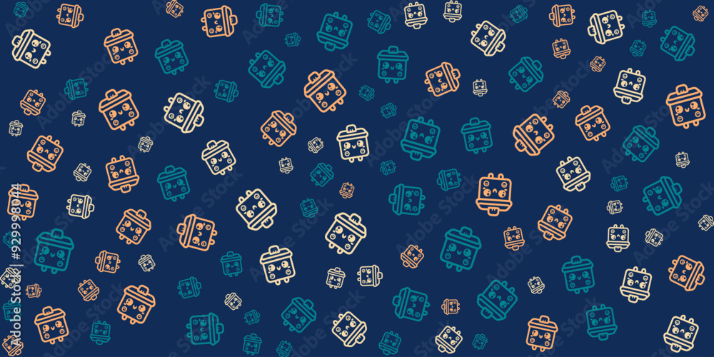 Cute robot faces pattern on dark blue background. Whimsical cartoon characters in teal and orange. Seamless vector design for tech themes. Modern and quirky AI-inspired illustration. Cute robot faces pattern on dark blue background. Whimsical cartoon characters in teal and orange. Seamless vector design for tech themes. Modern and quirky AI-inspired illustration.