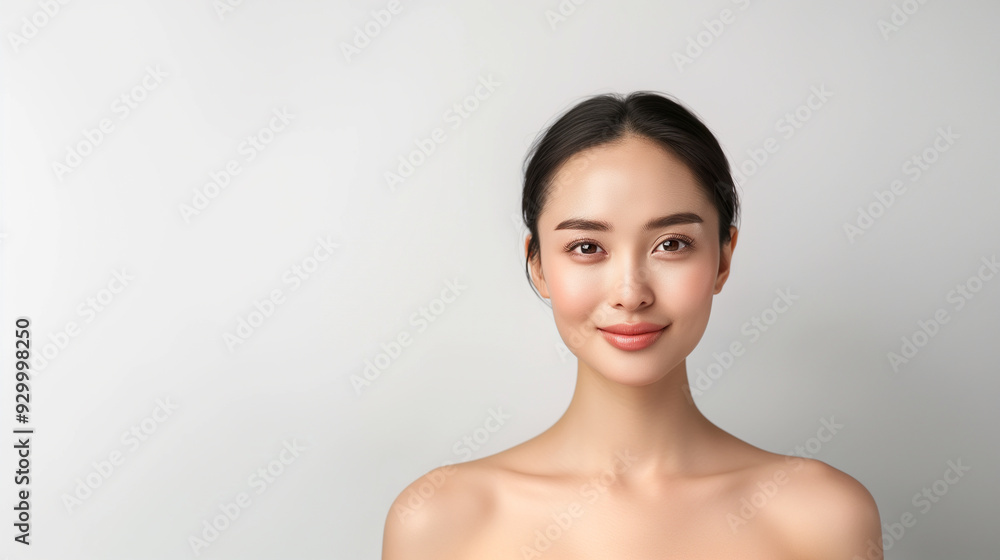 A charming young Chinese woman with dewy, healthy skin, exuding confidence while posing gracefully against a soft white background. A charming young Chinese woman with dewy, healthy skin, exuding confidence while posing gracefully against a soft white background.